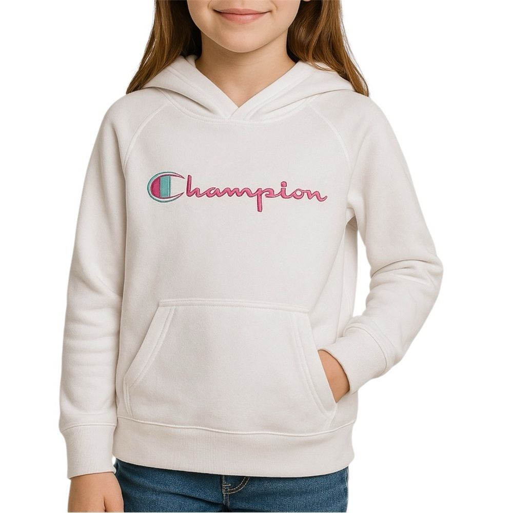 Champion White Hoodie Sweatshirt with Pink and Teal Logo